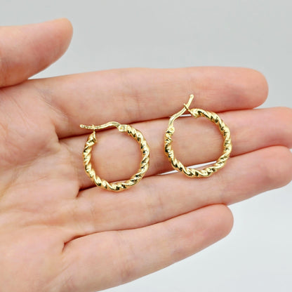 18K Solid Gold Twisted Rope Hoop Earrings - 21mm Fine Jewelry