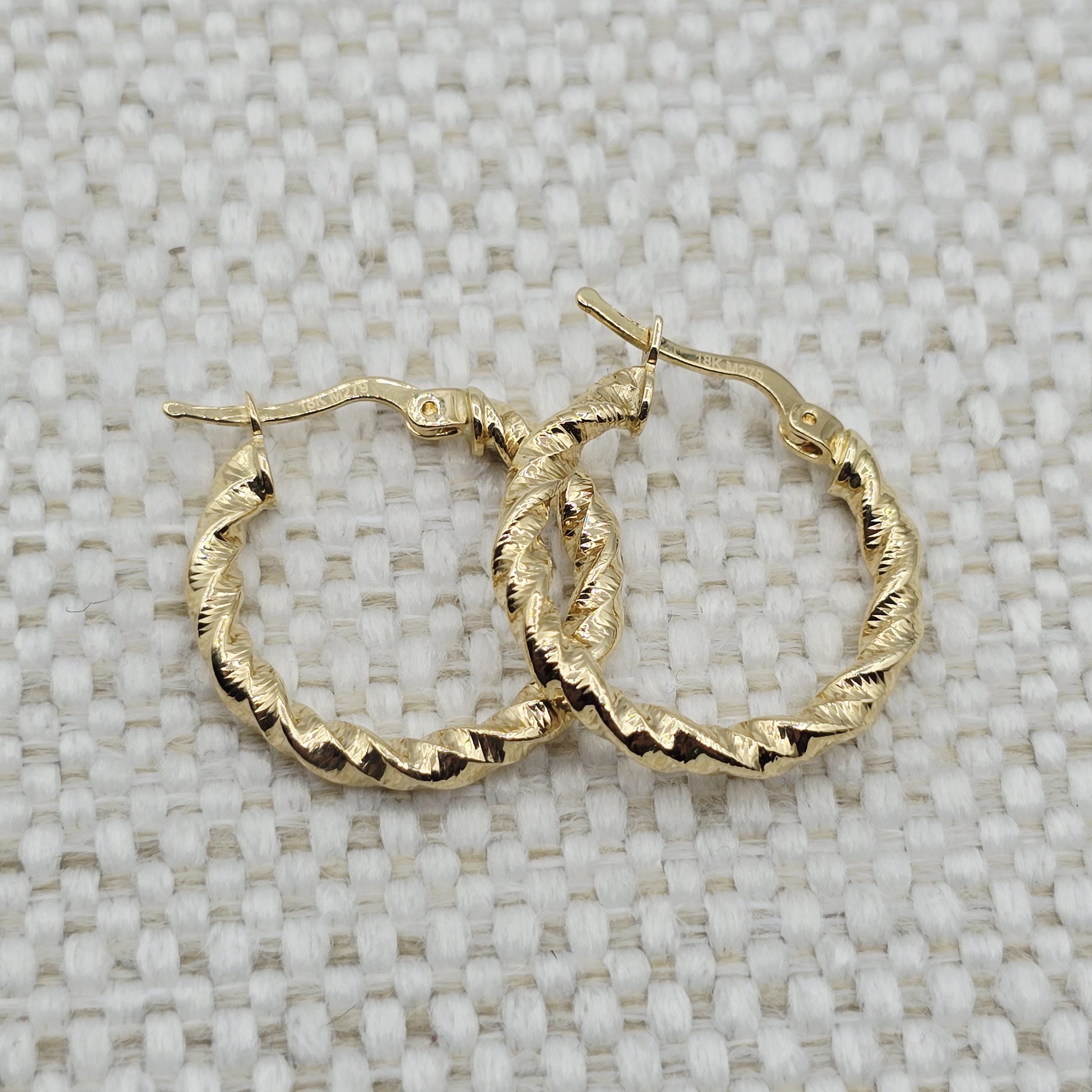 18K Solid Gold Twisted Rope Hoop Earrings - 21mm Fine Jewelry