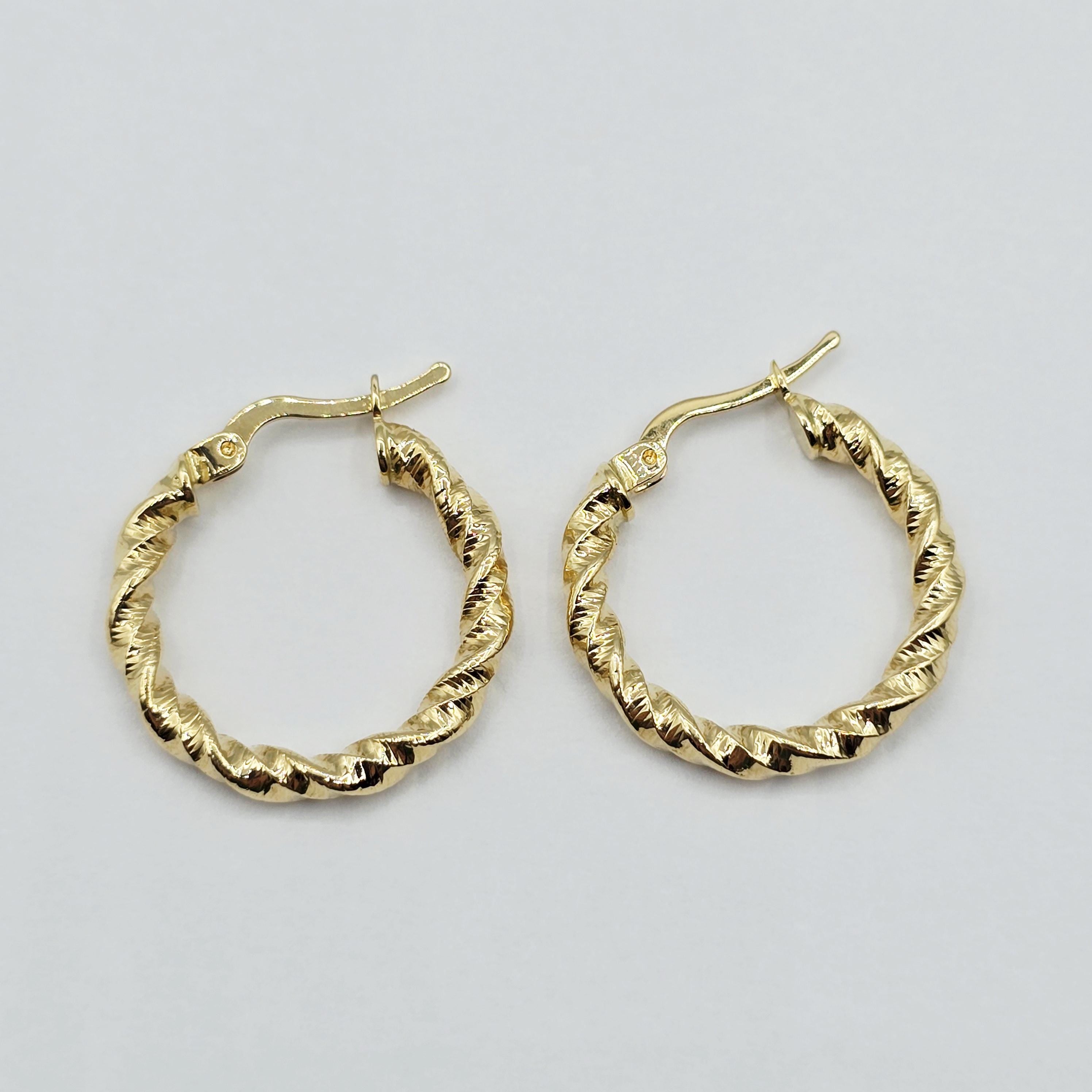 18K Solid Gold Twisted Rope Hoop Earrings - 21mm Fine Jewelry