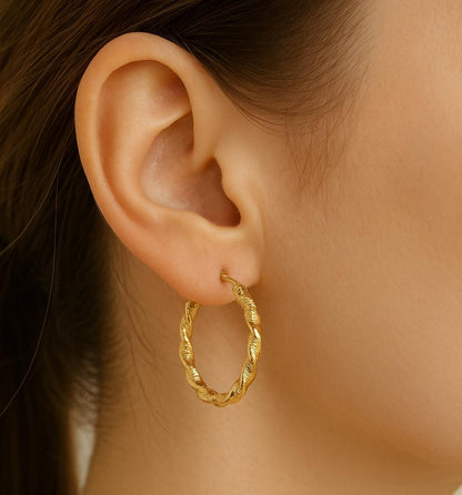 18K Solid Gold Twisted Rope Hoop Earrings - 21mm Fine Jewelry