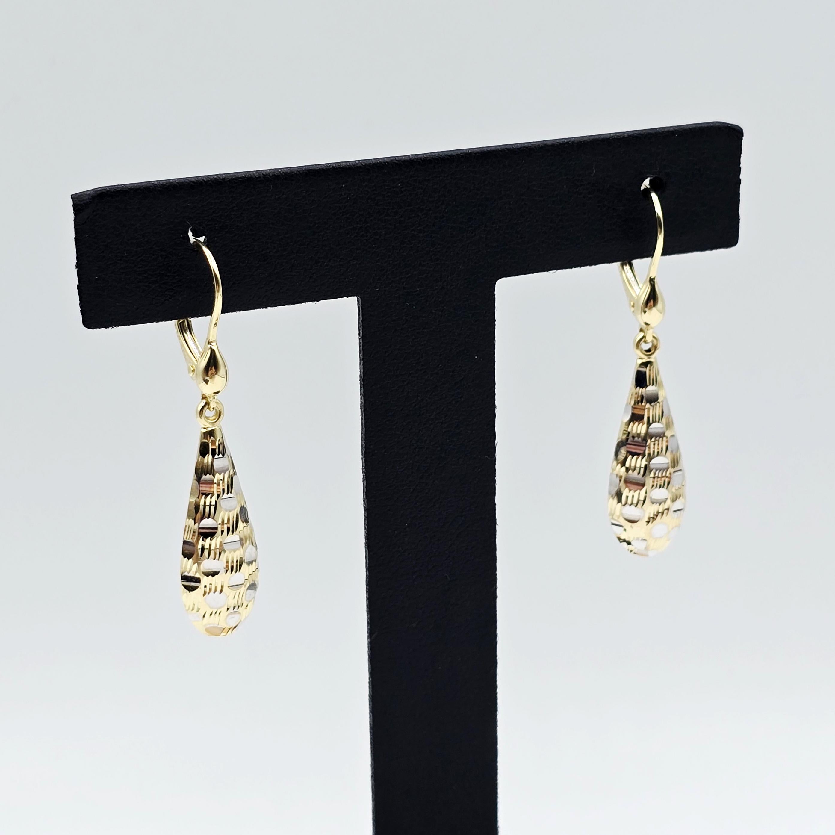 Two-Tone 10K Gold Teardrop Earrings: Yellow & White Gold Dangle