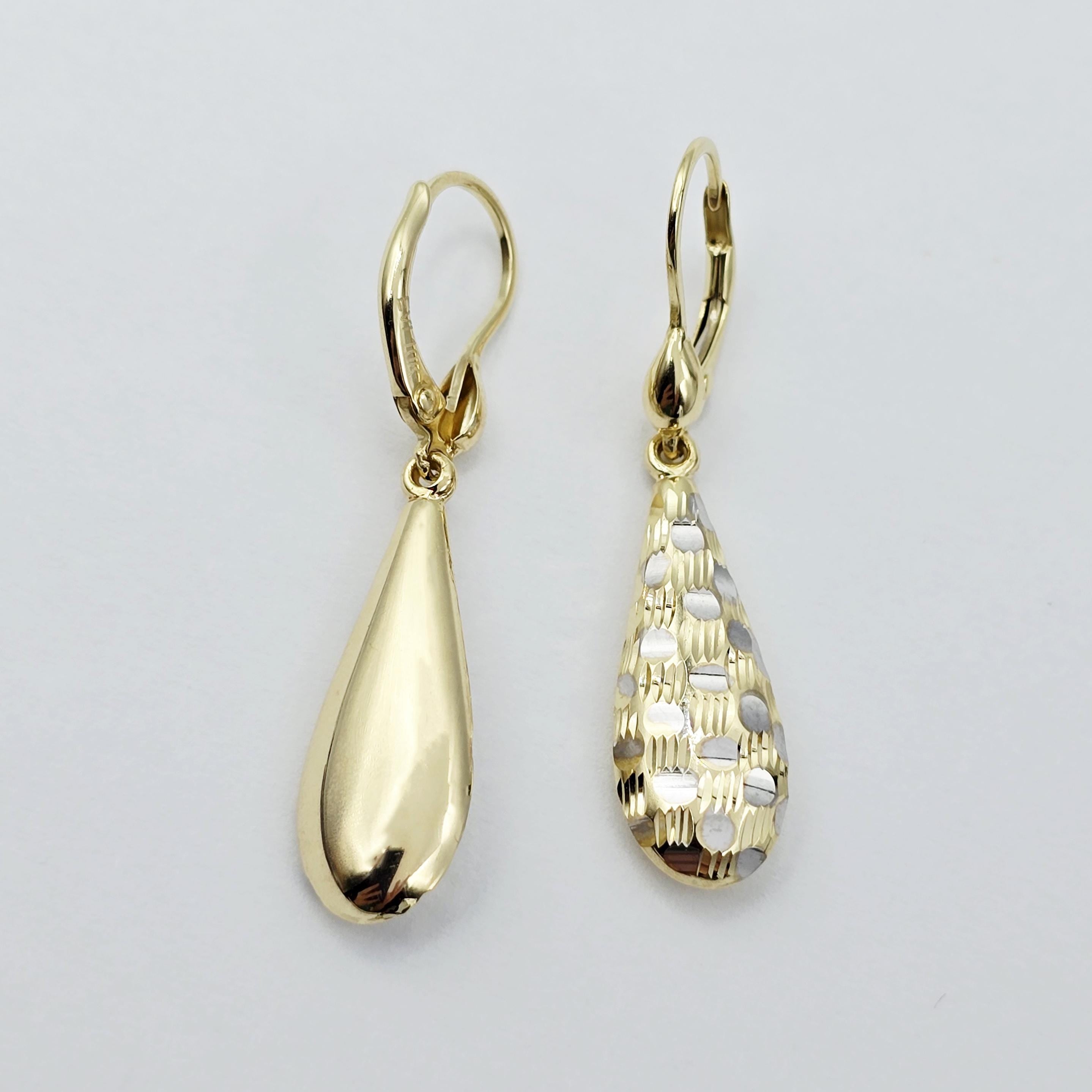 Two-Tone 10K Gold Teardrop Earrings: Yellow & White Gold Dangle