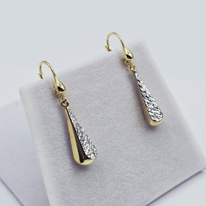 10K Solid Gold Two-Tone Drop Earrings: Yellow & White Gold Lever Backs