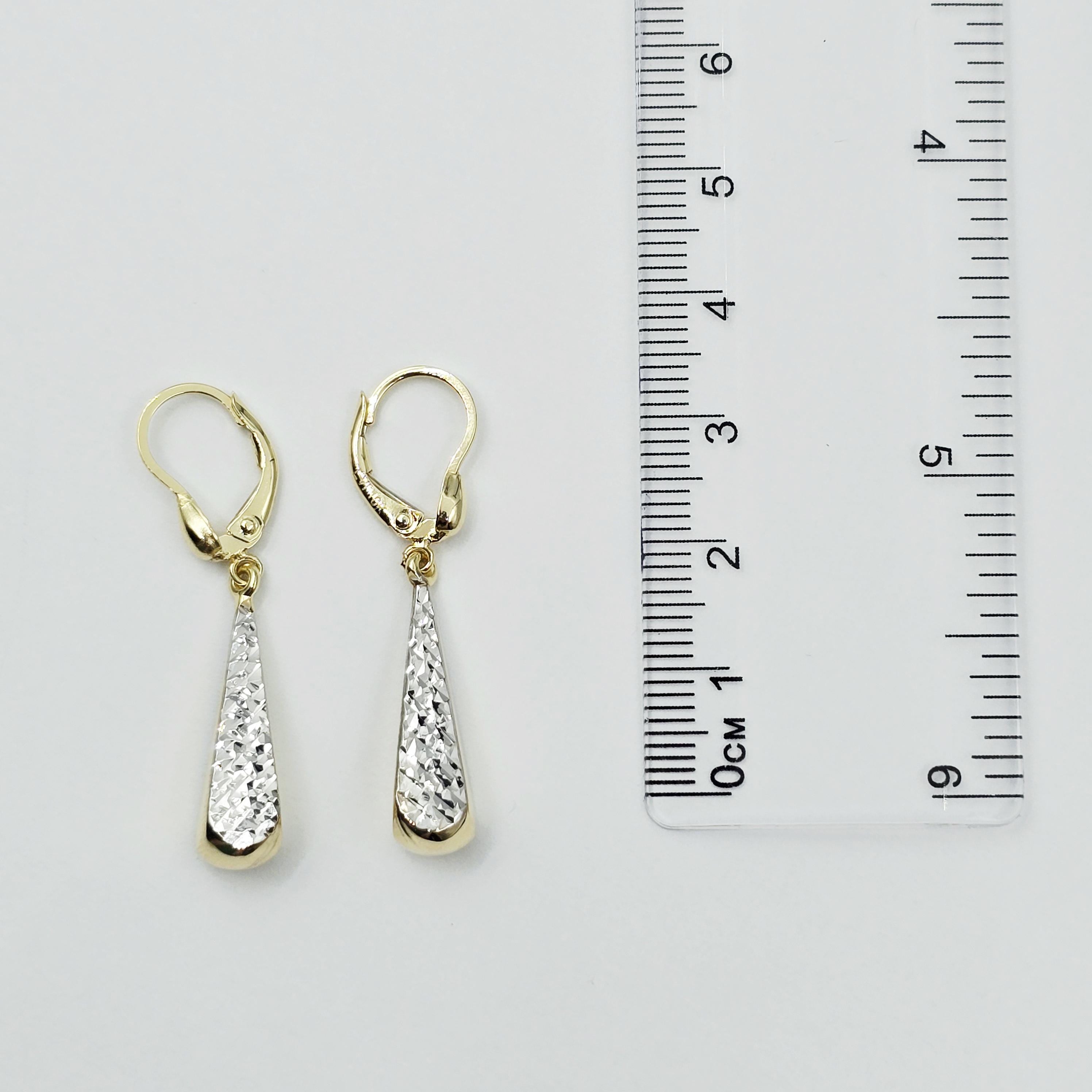 10K Solid Gold Two-Tone Drop Earrings: Yellow & White Gold Lever Backs