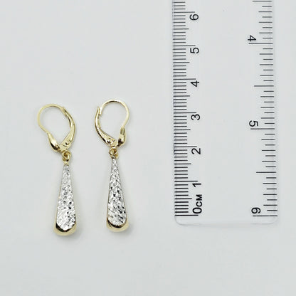 10K Solid Gold Two-Tone Drop Earrings: Yellow & White Gold Lever Backs