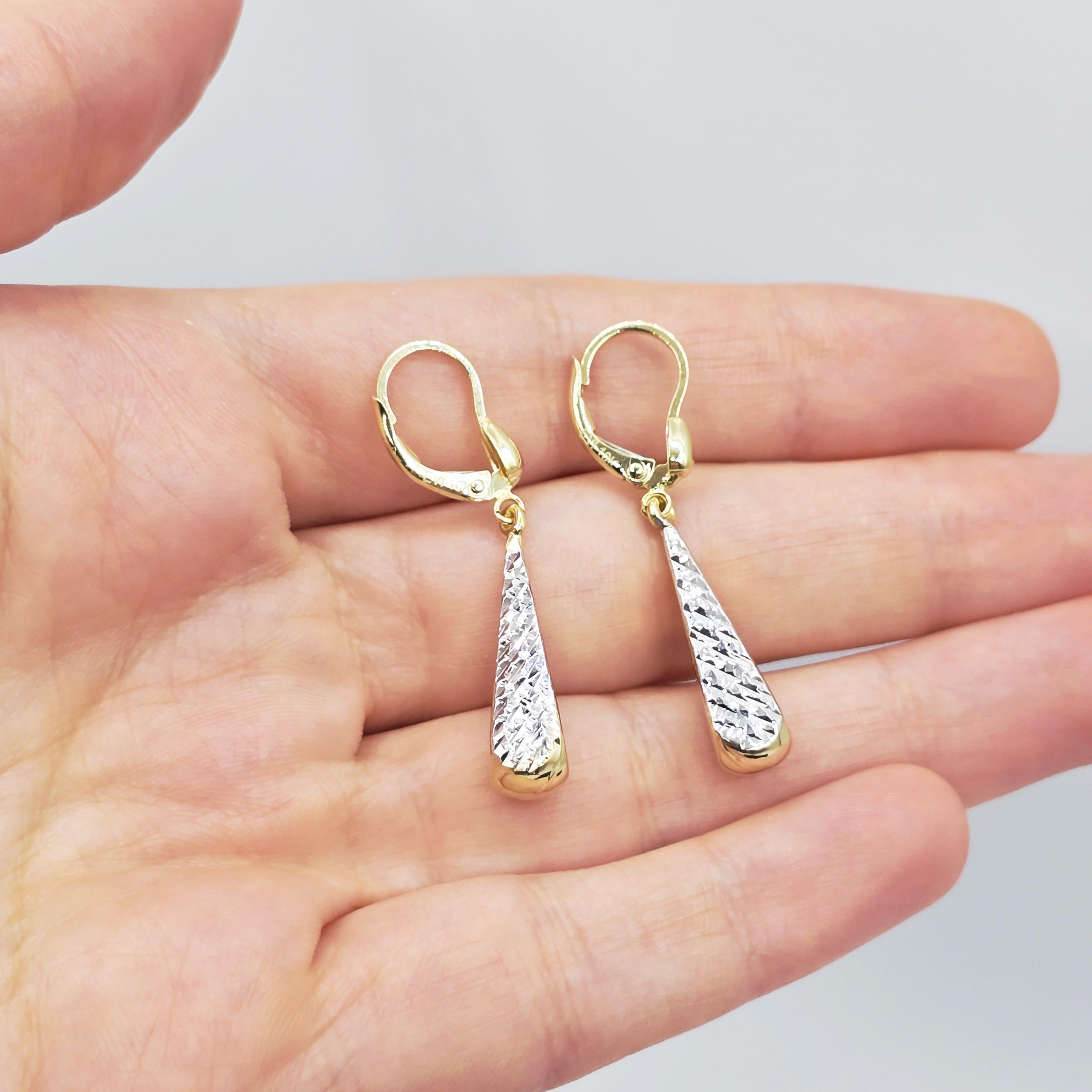 10K Solid Gold Two-Tone Drop Earrings: Yellow & White Gold Lever Backs