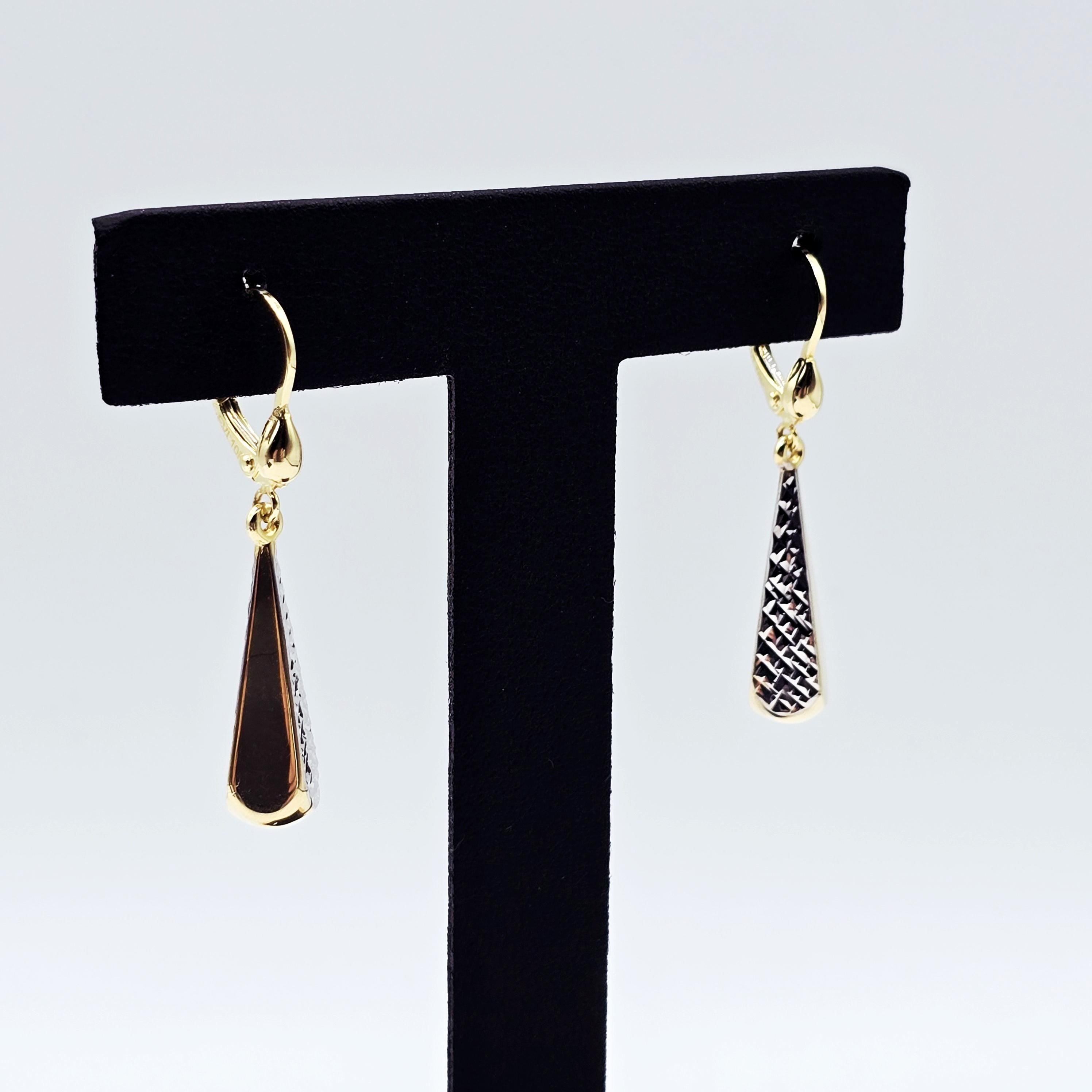 10K Solid Gold Two-Tone Drop Earrings: Yellow & White Gold Lever Backs