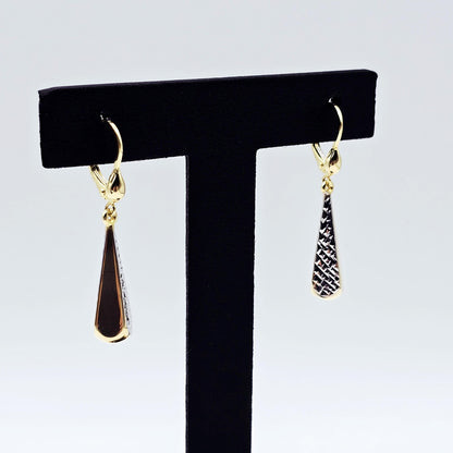 10K Solid Gold Two-Tone Drop Earrings: Yellow & White Gold Lever Backs