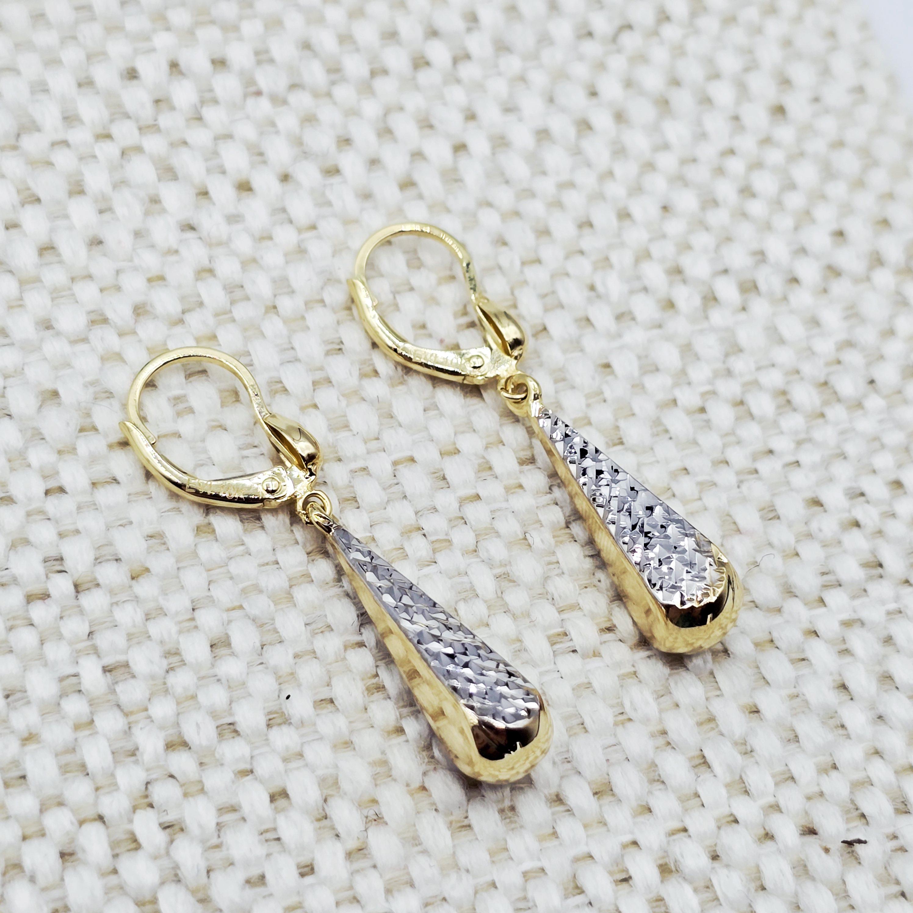 10K Solid Gold Two-Tone Drop Earrings: Yellow & White Gold Lever Backs