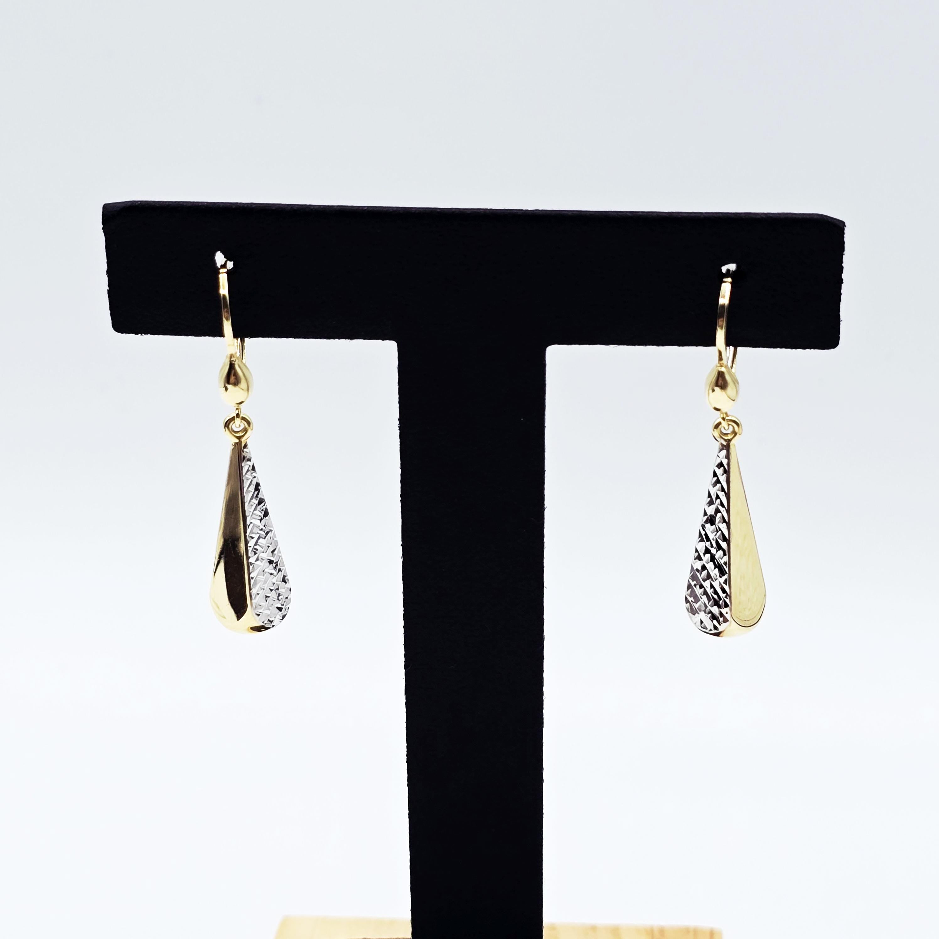 10K Solid Gold Two-Tone Drop Earrings: Yellow & White Gold Lever Backs