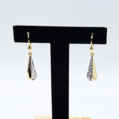 10K Solid Gold Two-Tone Drop Earrings: Yellow & White Gold Lever Backs