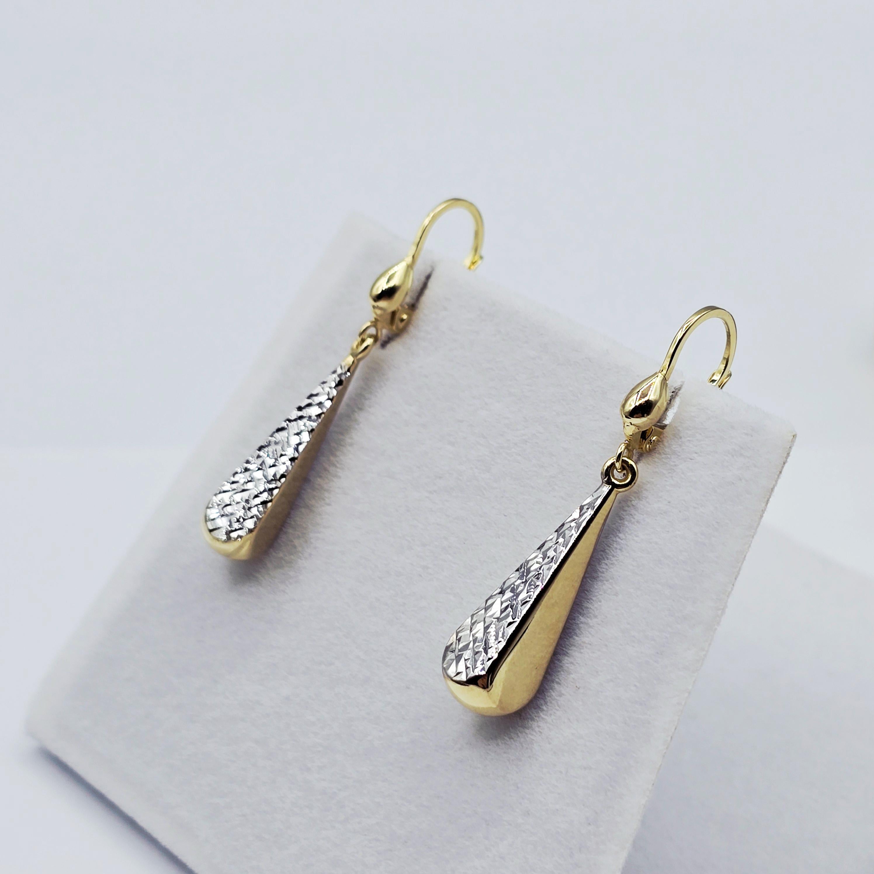10K Solid Gold Two-Tone Drop Earrings: Yellow & White Gold Lever Backs