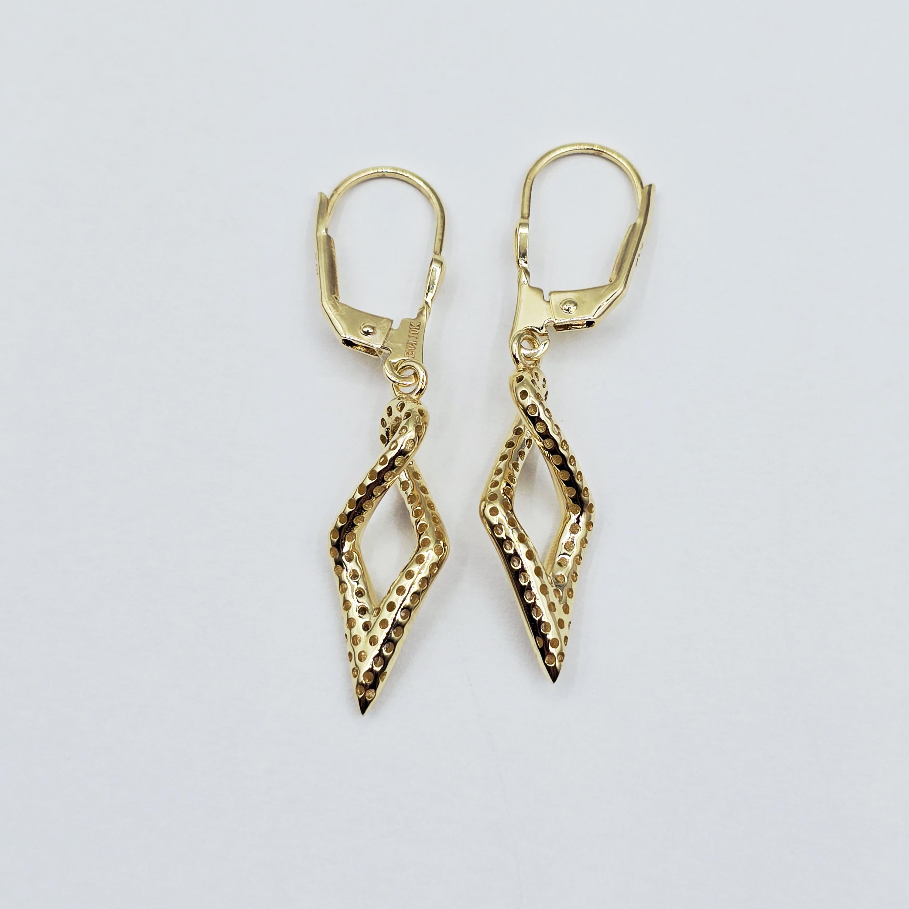 10K Yellow Gold Dangle Earrings: Cubic Zirconia Leverback Drop