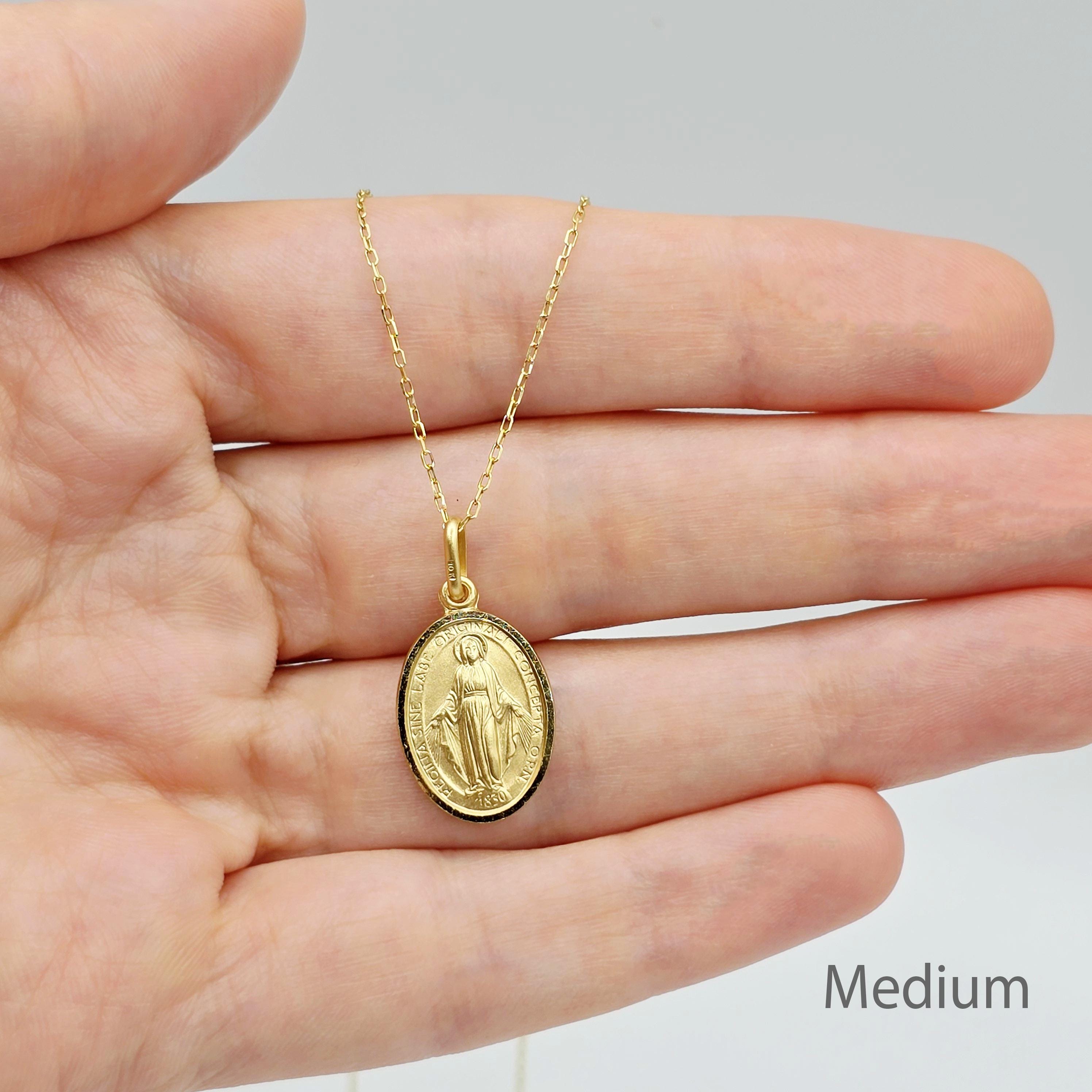 10K Solid Gold Miraculous Medal Pendant: Oval Virgin Mary Charm