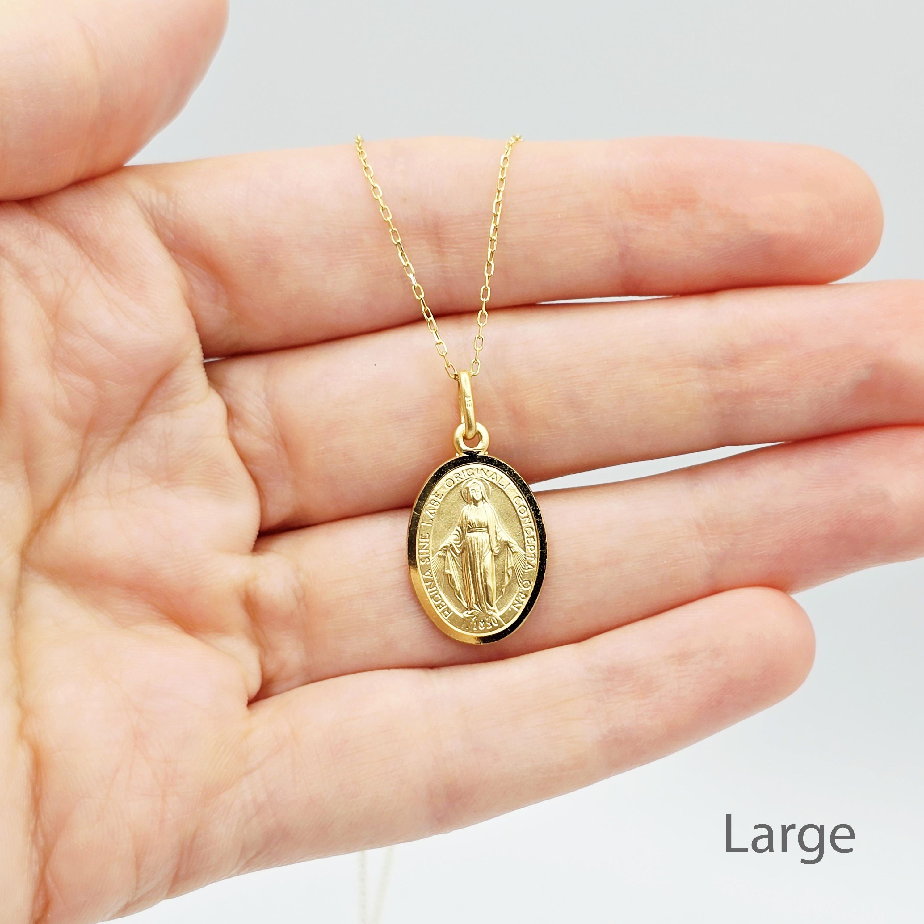 10K Solid Gold Miraculous Medal Pendant: Oval Virgin Mary Charm