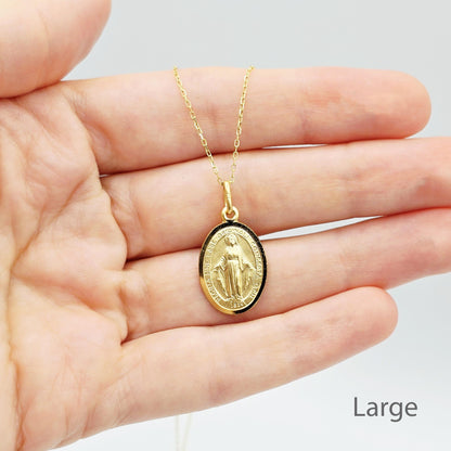 10K Solid Gold Miraculous Medal Pendant: Oval Virgin Mary Charm