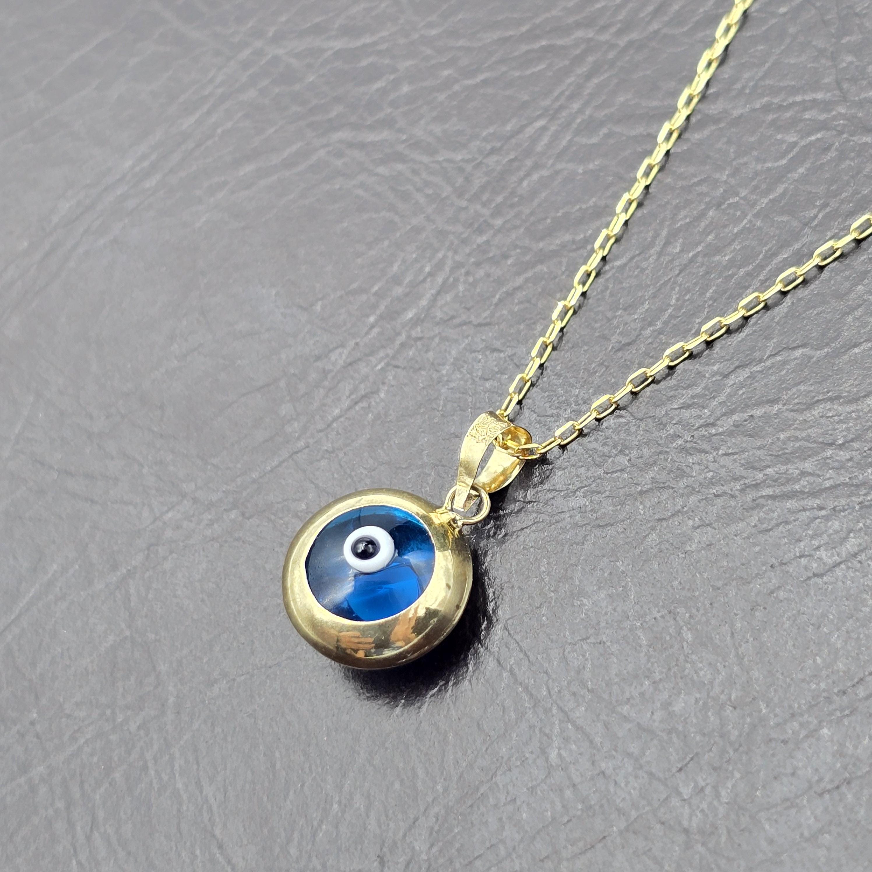 10K Gold Evil Eye Pendant Necklace: Blue Glass Amulet
