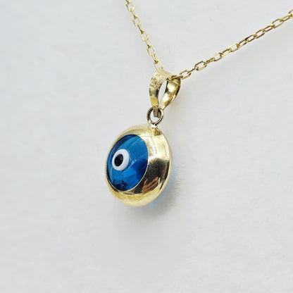 10K Gold Evil Eye Pendant Necklace: Blue Glass Amulet