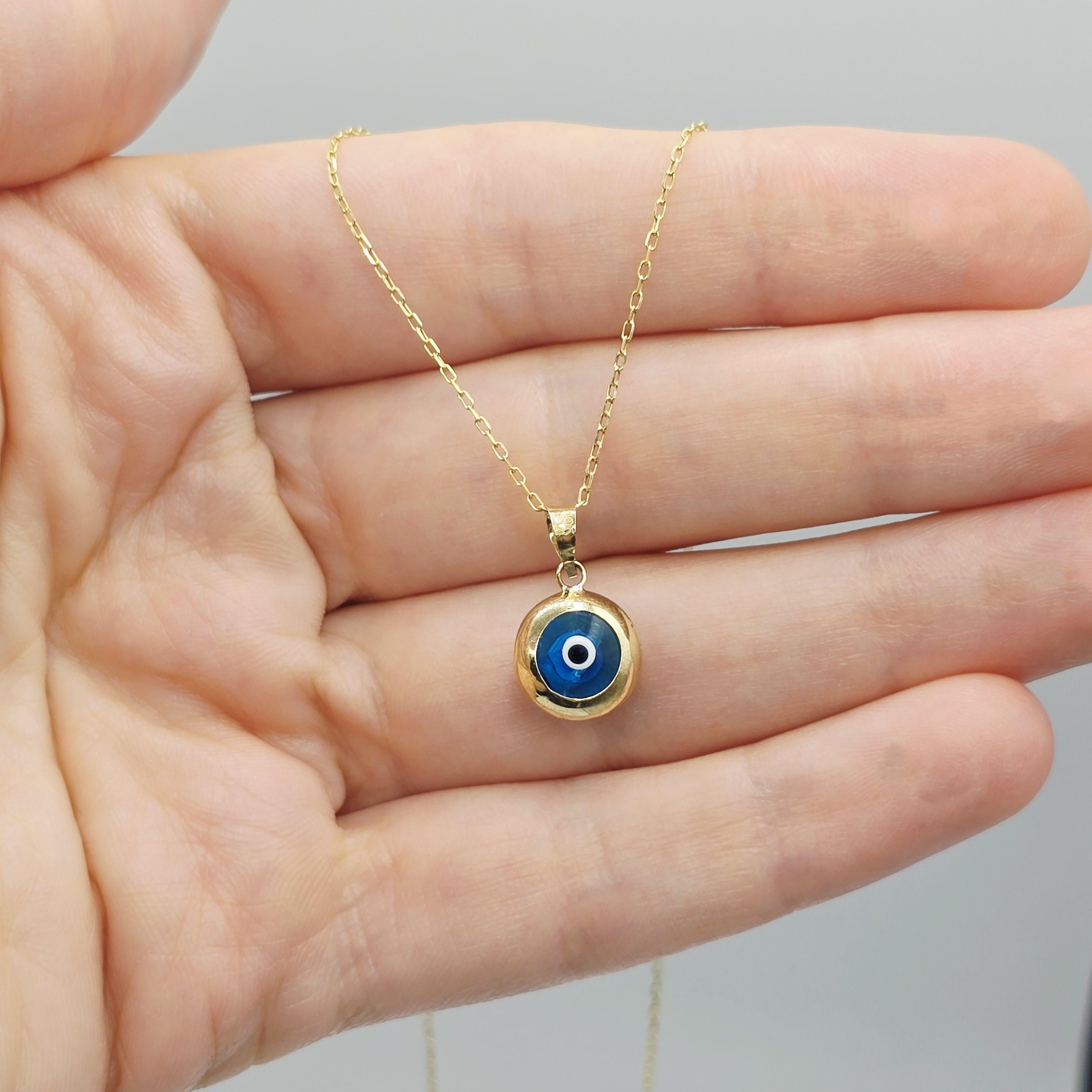 10K Gold Evil Eye Pendant Necklace: Blue Glass Amulet