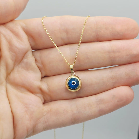 10K Gold Evil Eye Pendant Necklace: Blue Glass Amulet
