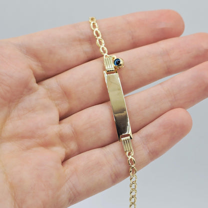 10K Gold Baby ID Bracelet: Engravable Name Plate, Blue Evil Eye Charm
