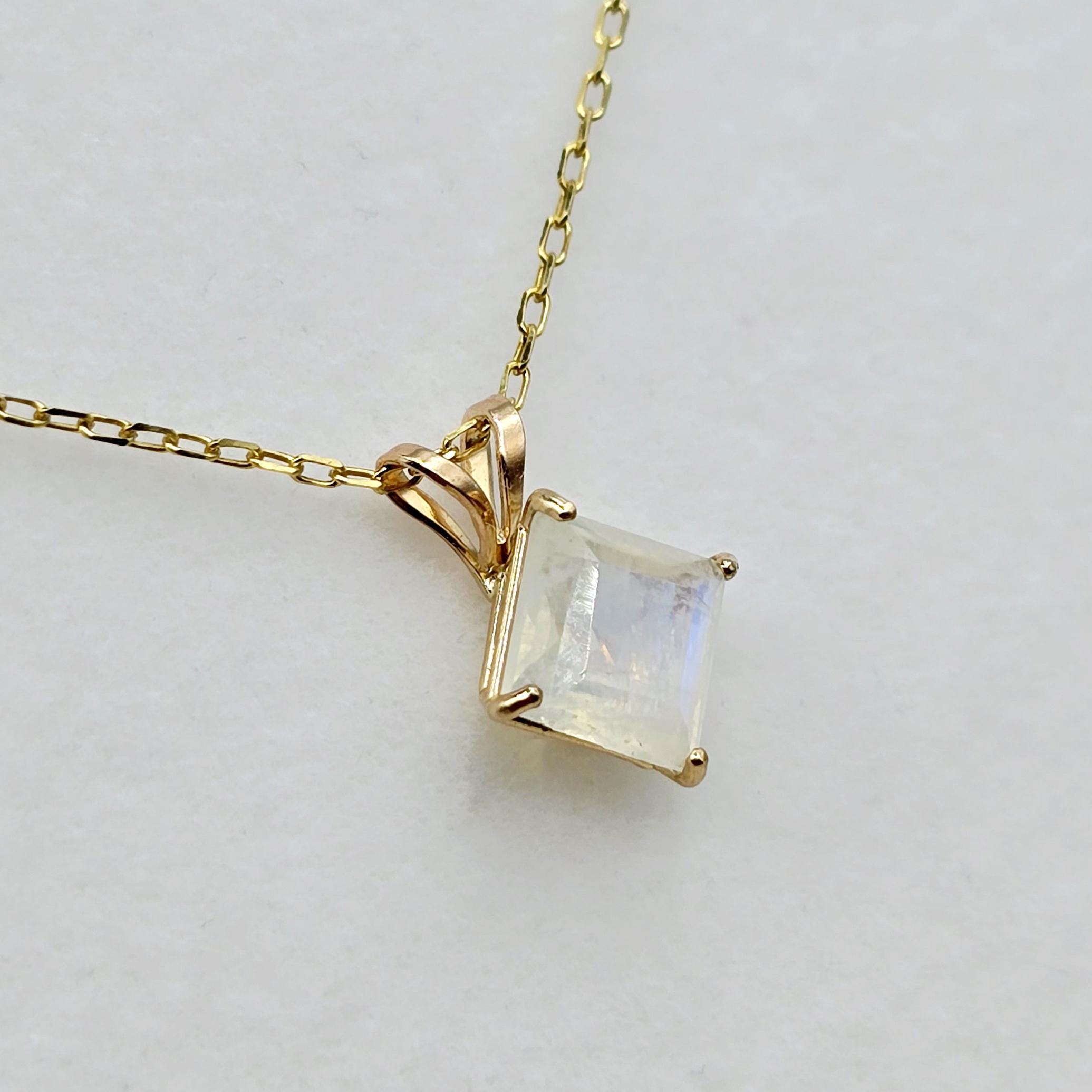 10K Yellow Gold Genuine Moonstone 6x6mm Pendant, Square Gemstone Pendant, June Birthstone Jewelry