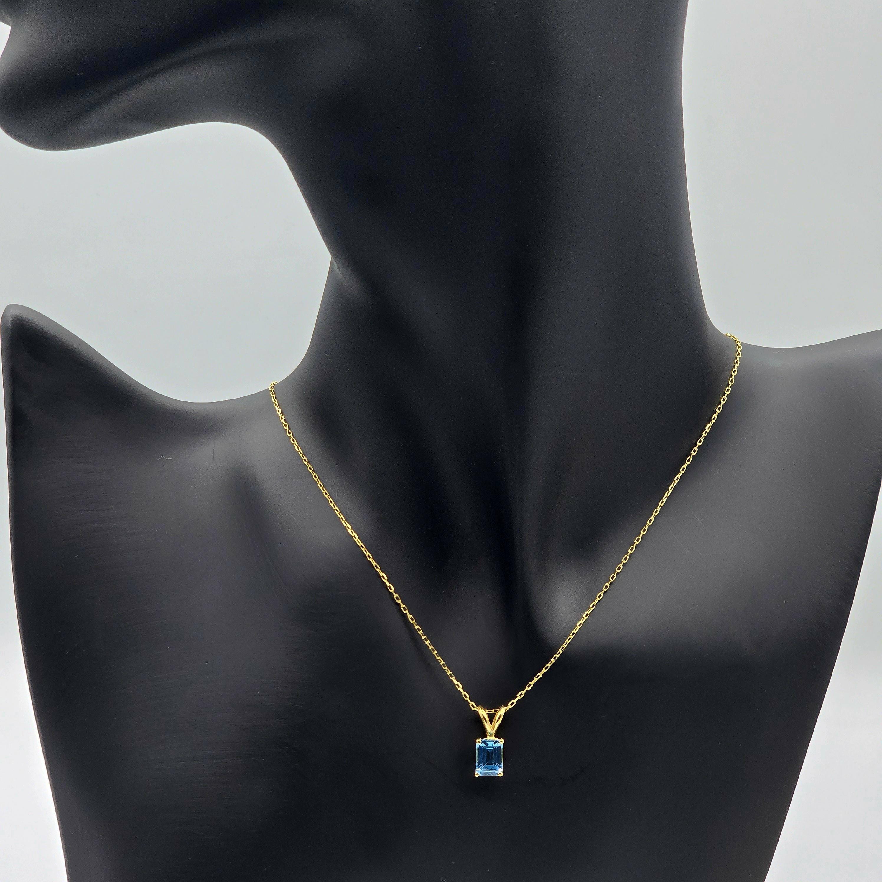 14K Gold Emerald Cut Blue Topaz Pendant Necklace, December Birthstone 7x5mm