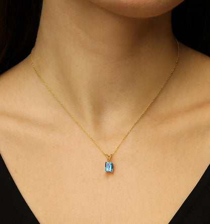 14K Gold Emerald Cut Blue Topaz Pendant Necklace, December Birthstone 7x5mm