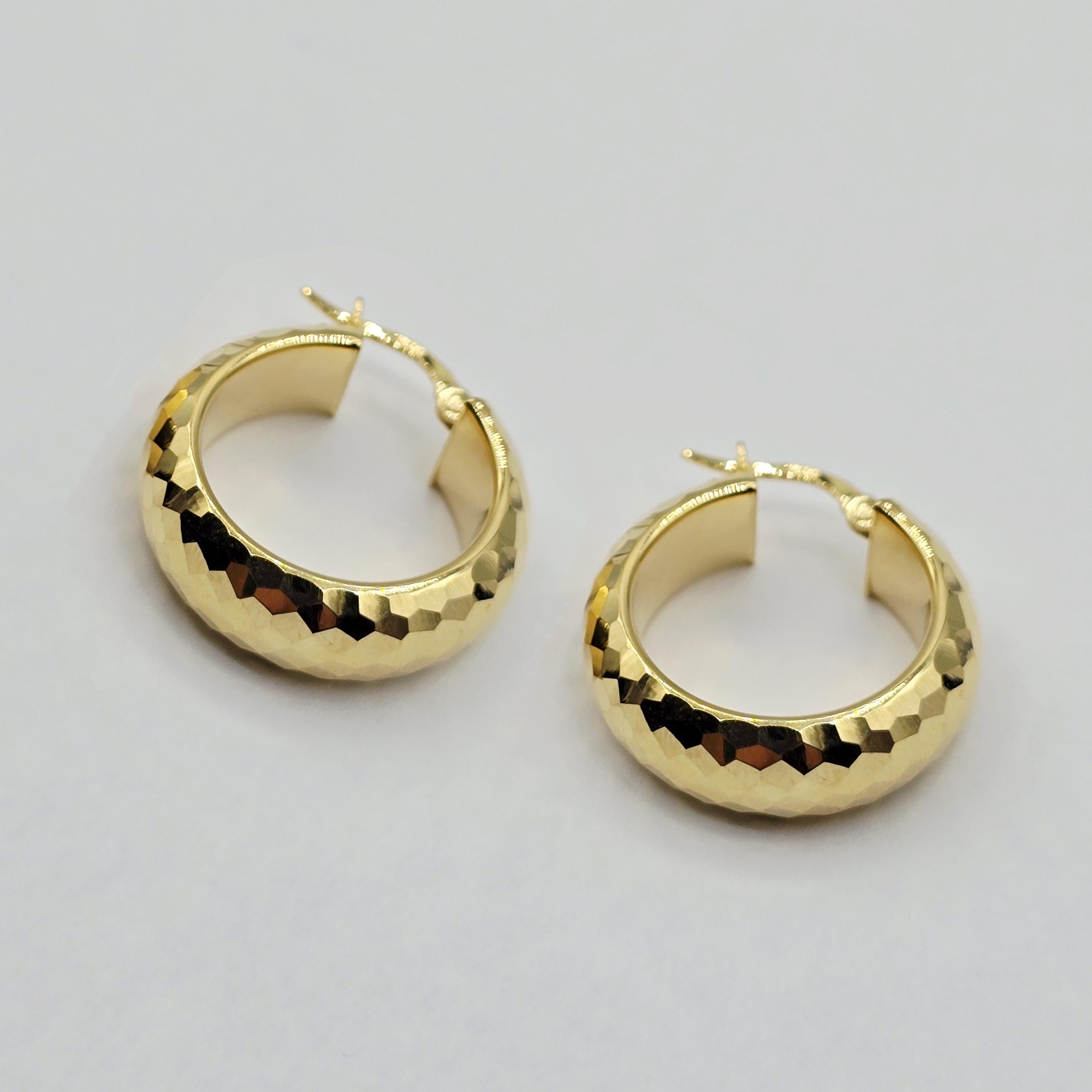 10K Yellow Gold Hammered Hoop Earrings, Chunky Textured Hoops (23mm)