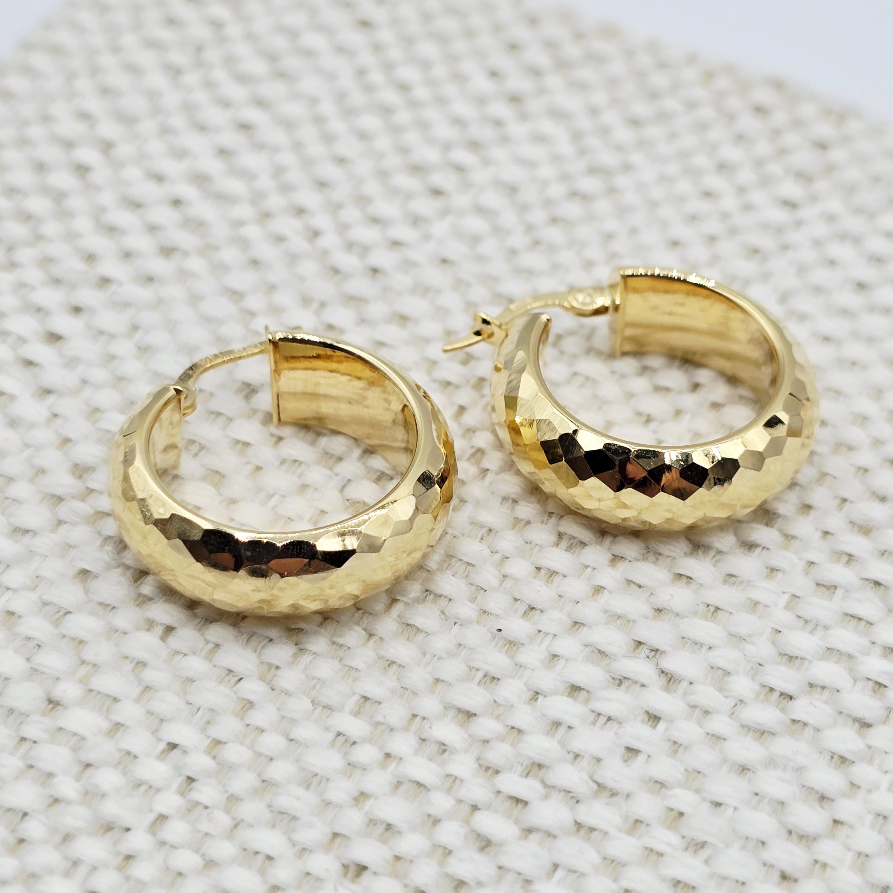 10K Yellow Gold Hammered Hoop Earrings, Chunky Textured Hoops (23mm)