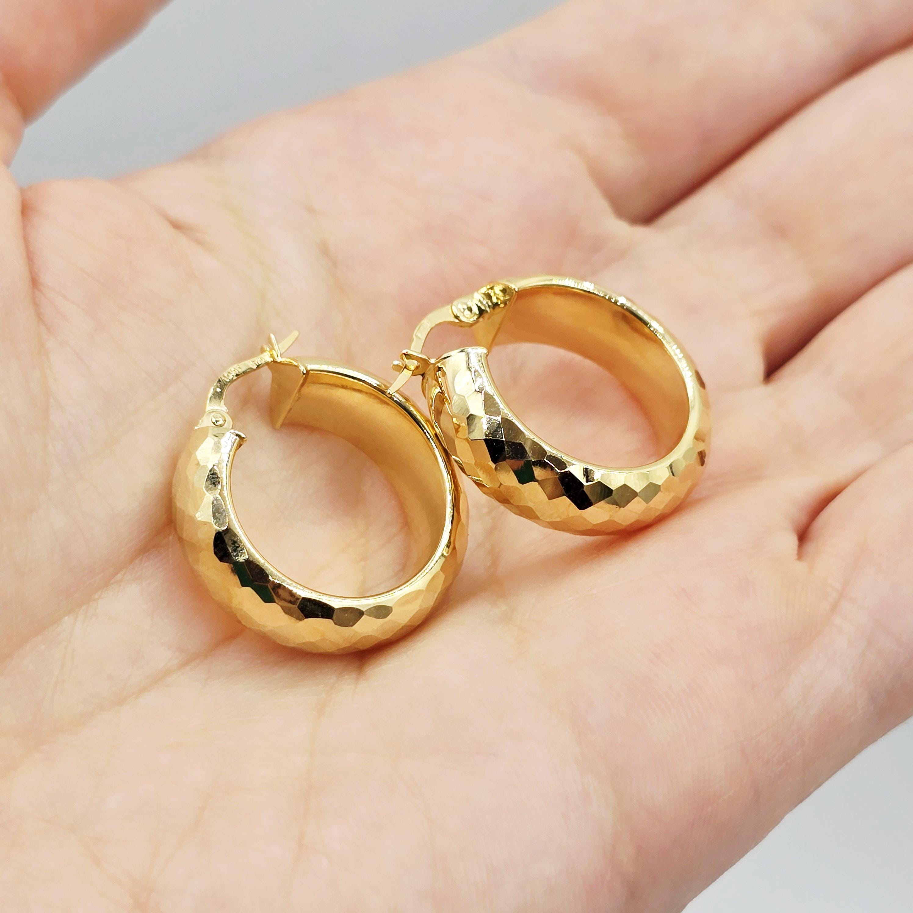 10K Yellow Gold Hammered Hoop Earrings, Chunky Textured Hoops (23mm)