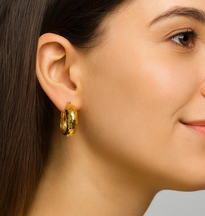 10K Yellow Gold Hammered Hoop Earrings, Chunky Textured Hoops (23mm)