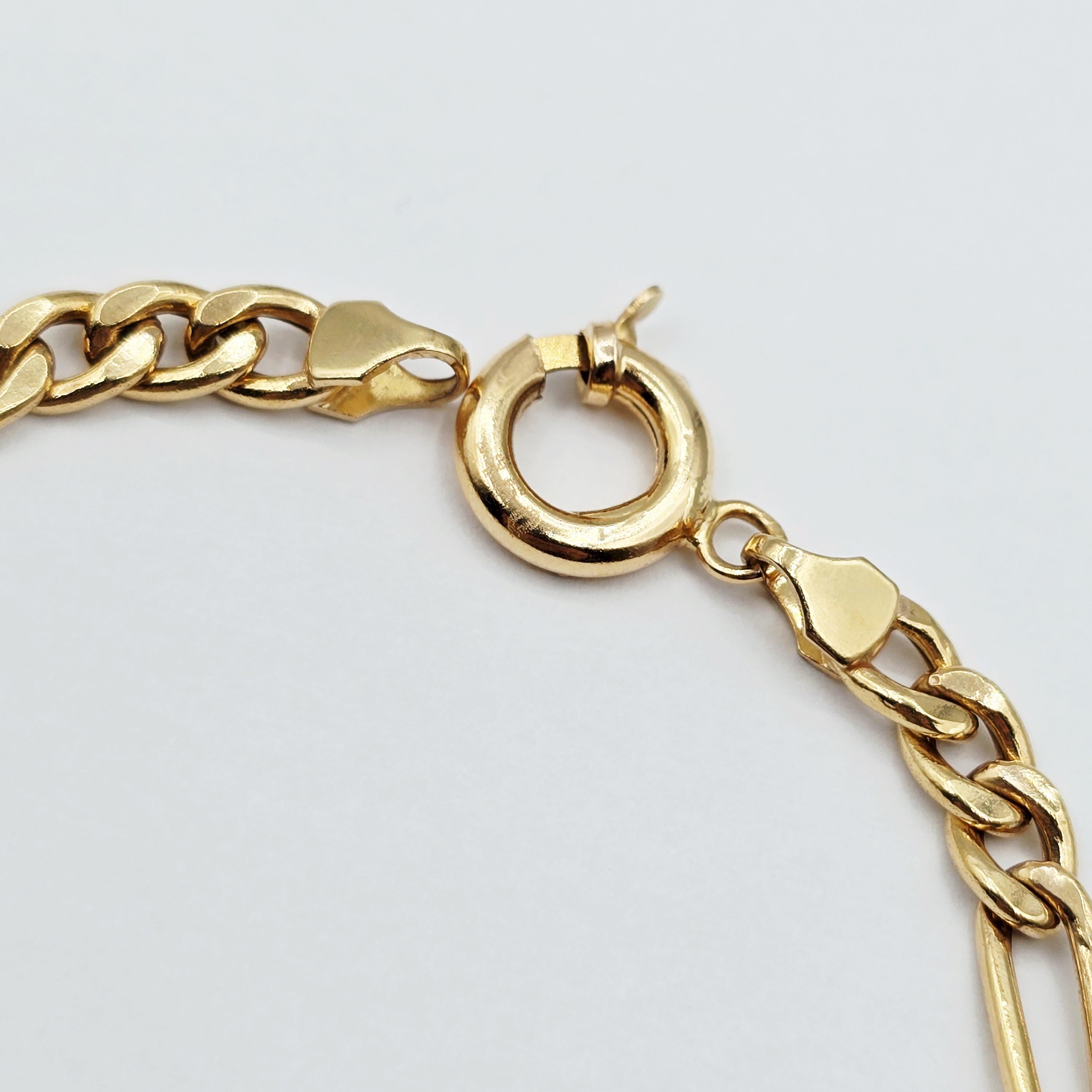 18K Solid Gold Figaro Chain Bracelet, Classic Link, 7 inches