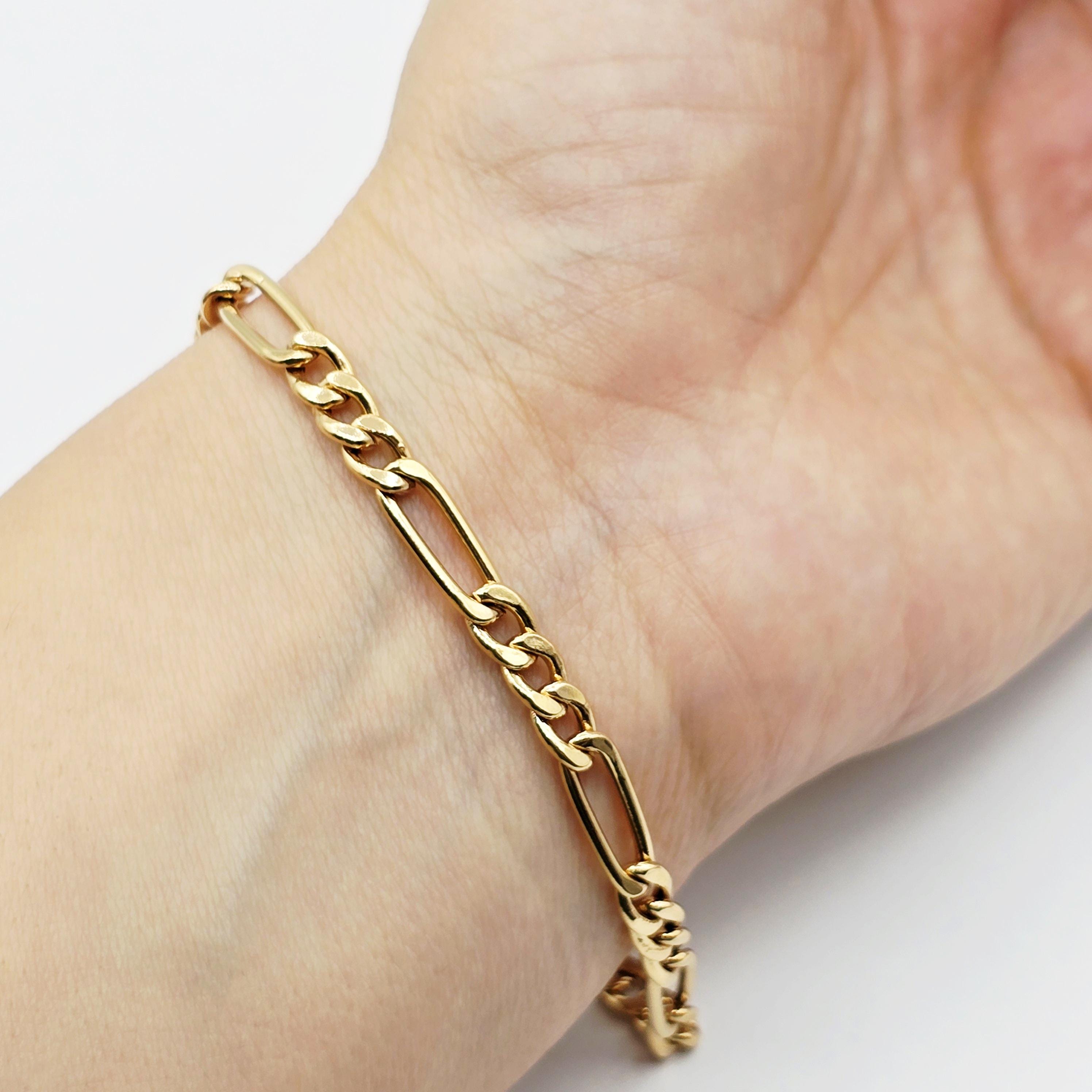 18K Solid Gold Figaro Chain Bracelet, Classic Link, 7 inches