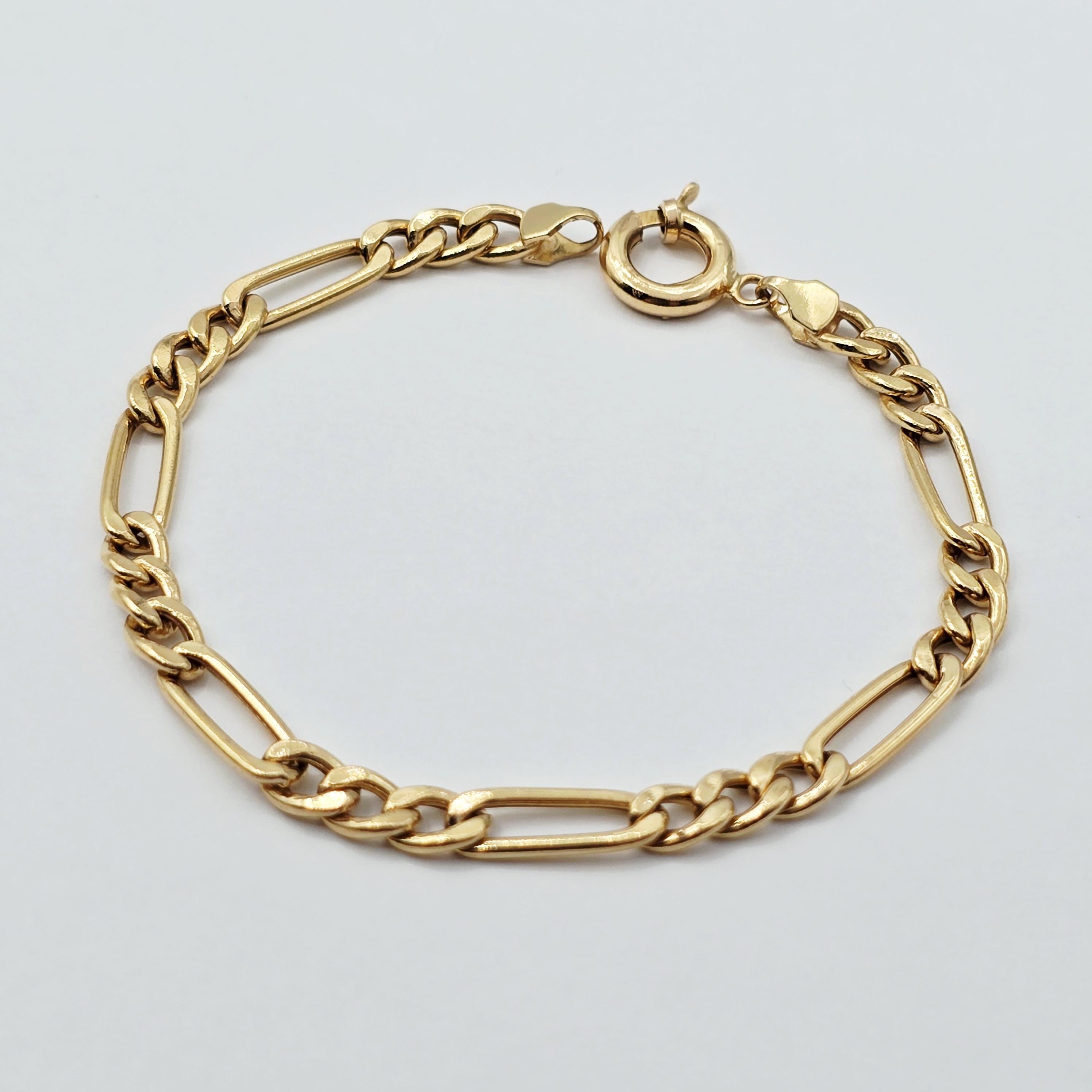 18K Solid Gold Figaro Chain Bracelet, Classic Link, 7 inches