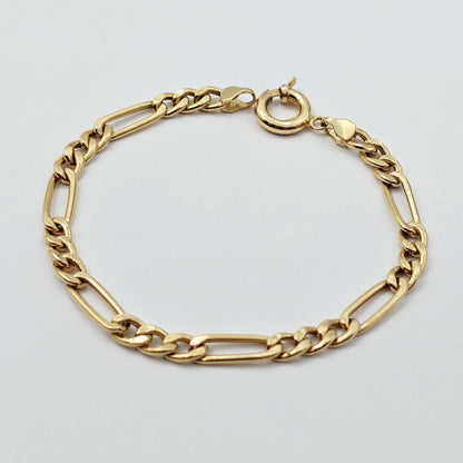 18K Solid Gold Figaro Chain Bracelet, Classic Link, 7 inches