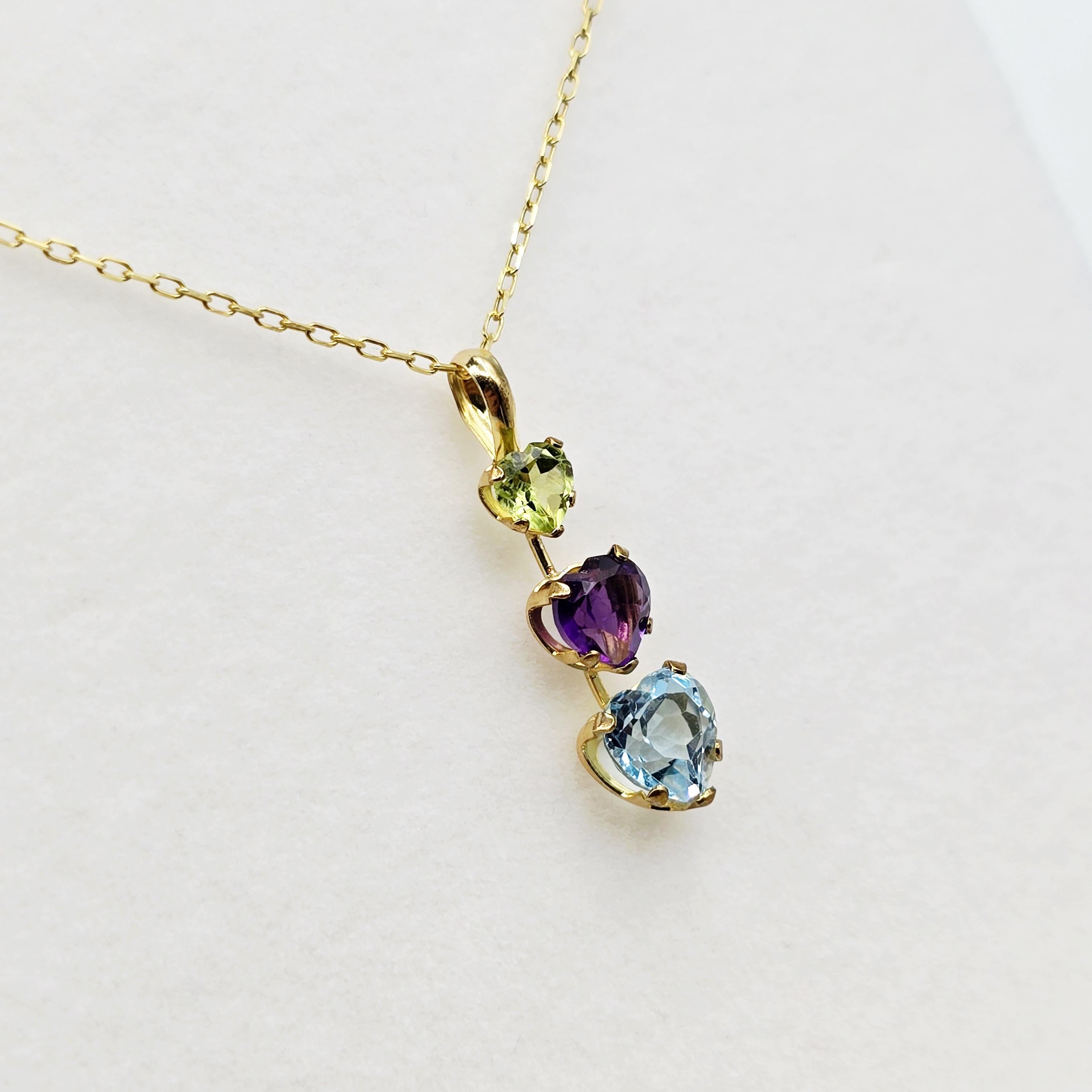 14K Yellow Gold Peridot Amethyst Blue Topaz Pendant Necklace, Multi Birthstone Jewellery for Women