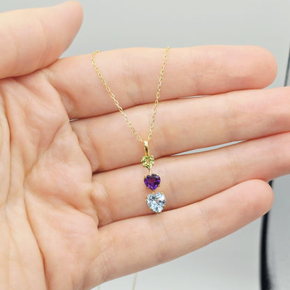 14K Yellow Gold Peridot Amethyst Blue Topaz Pendant Necklace, Multi Birthstone Jewellery for Women