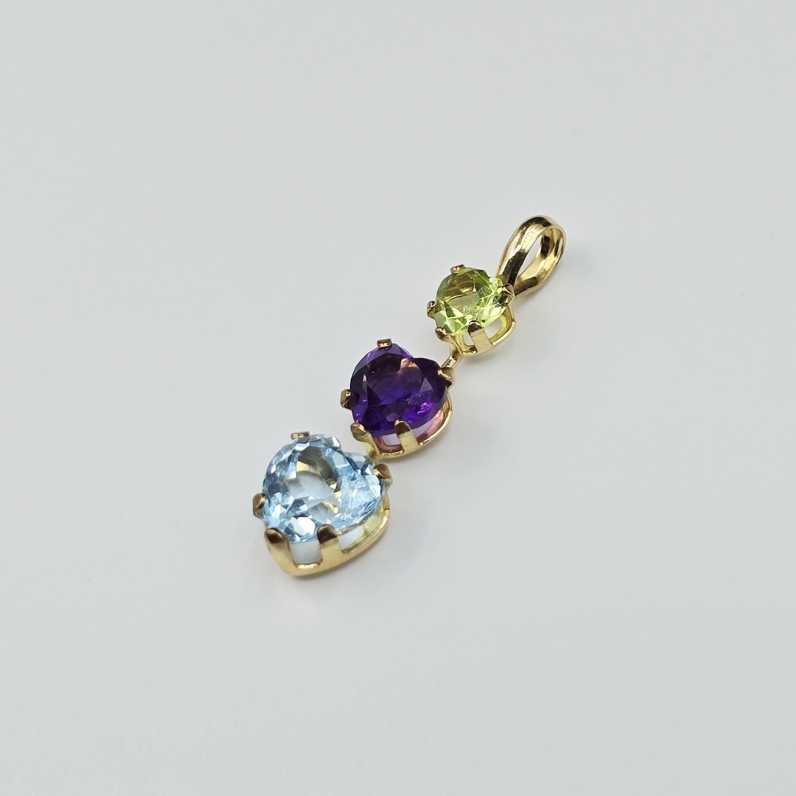 14K Yellow Gold Peridot Amethyst Blue Topaz Pendant Necklace, Multi Birthstone Jewellery for Women