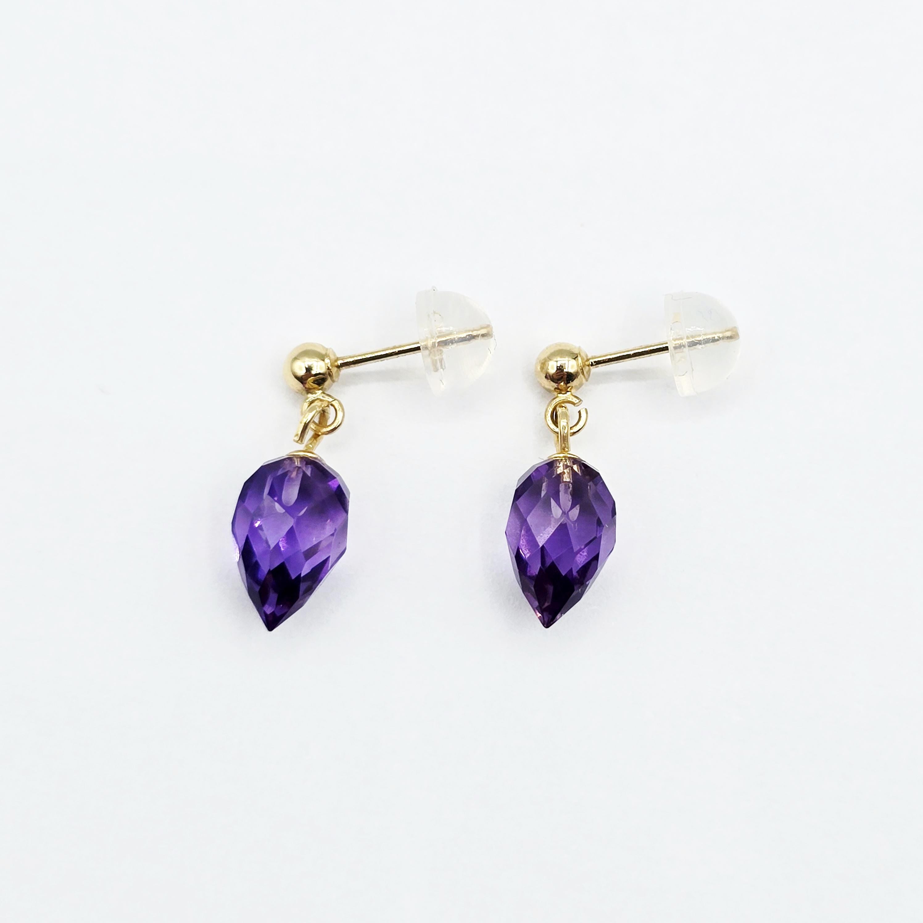 14K Yellow Gold Genuine Amethyst Drop Stud Earrings, Briolette Cut Amethyst Jewellery