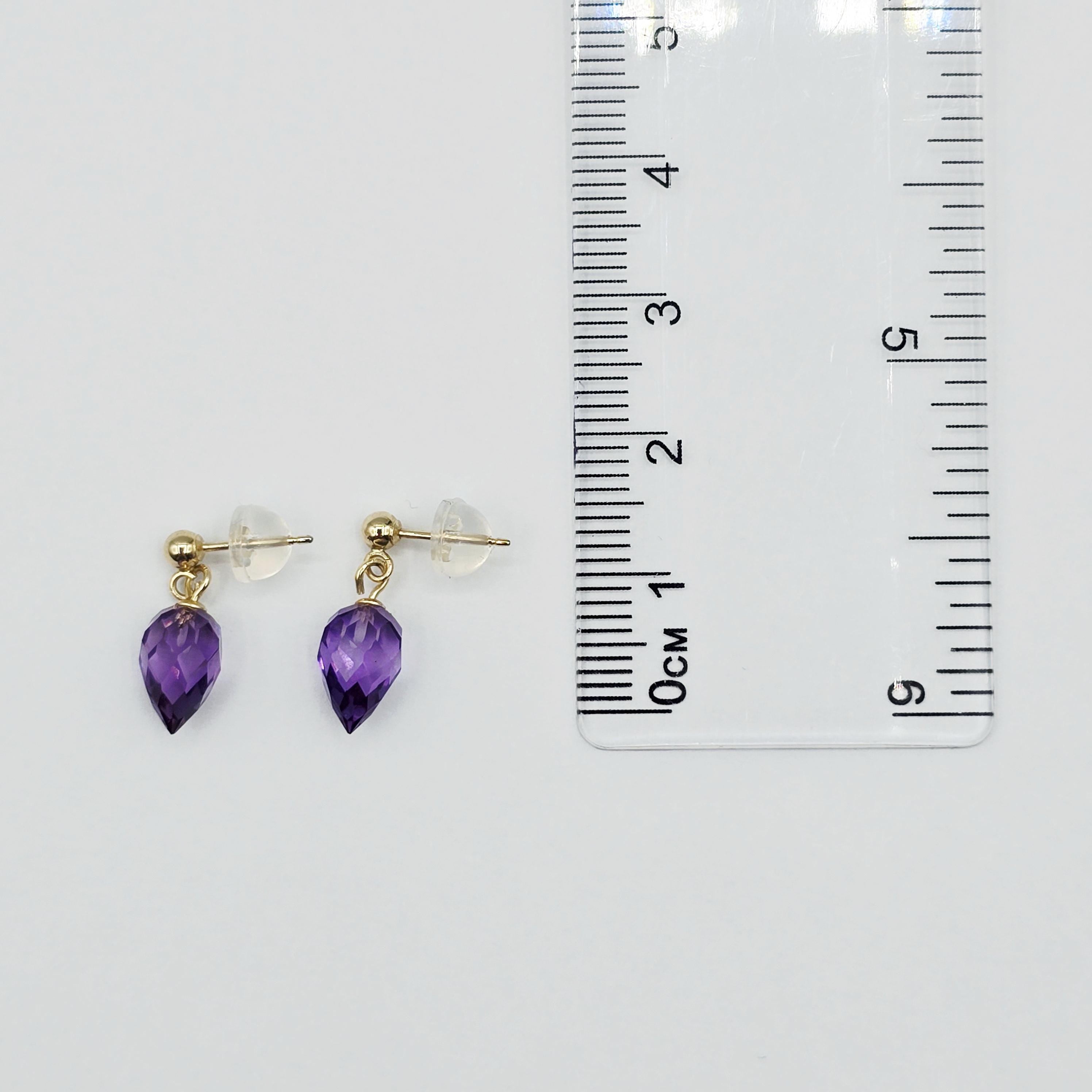 14K Yellow Gold Genuine Amethyst Drop Stud Earrings, Briolette Cut Amethyst Jewellery