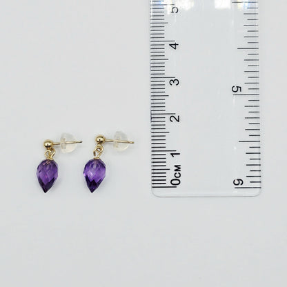 14K Yellow Gold Genuine Amethyst Drop Stud Earrings, Briolette Cut Amethyst Jewellery