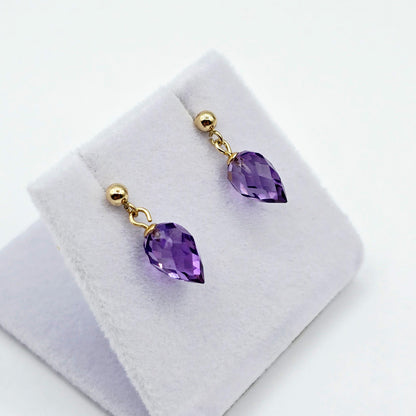 14K Yellow Gold Genuine Amethyst Drop Stud Earrings, Briolette Cut Amethyst Jewellery
