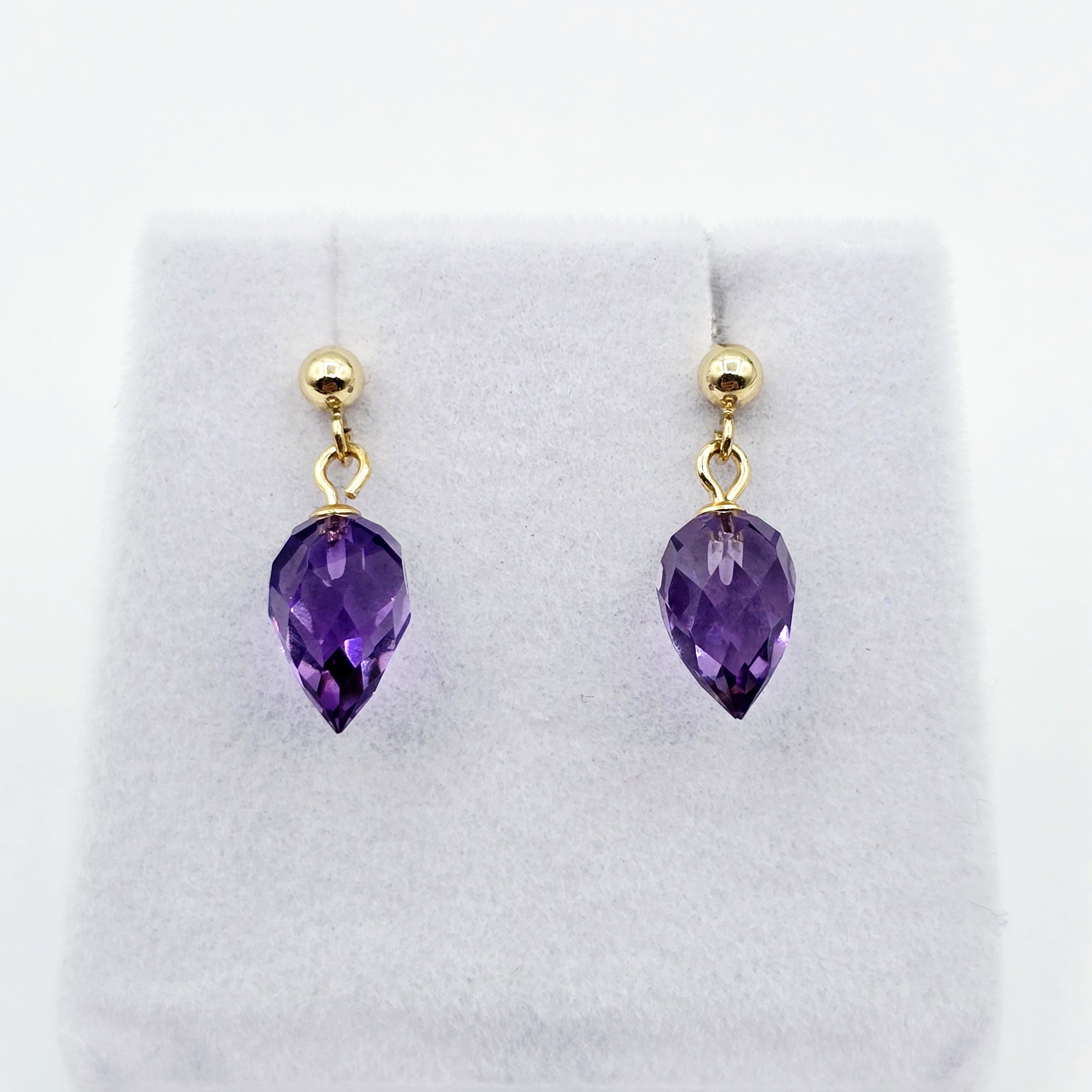 14K Yellow Gold Genuine Amethyst Drop Stud Earrings, Briolette Cut Amethyst Jewellery