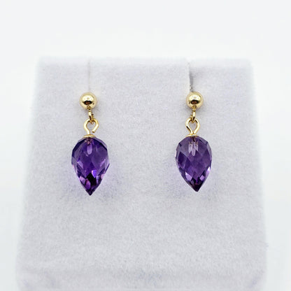 14K Yellow Gold Genuine Amethyst Drop Stud Earrings, Briolette Cut Amethyst Jewellery
