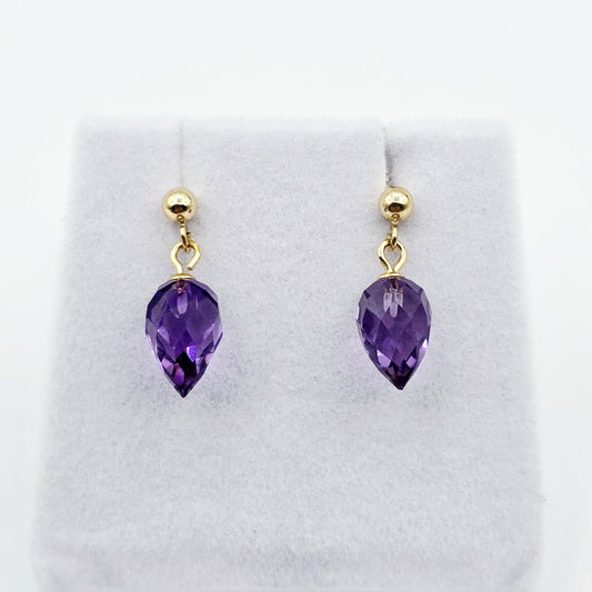 14K Yellow Gold Genuine Amethyst Drop Stud Earrings, Briolette Cut Amethyst Jewellery