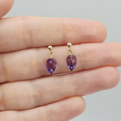 14K Yellow Gold Genuine Amethyst Drop Stud Earrings, Briolette Cut Amethyst Jewellery