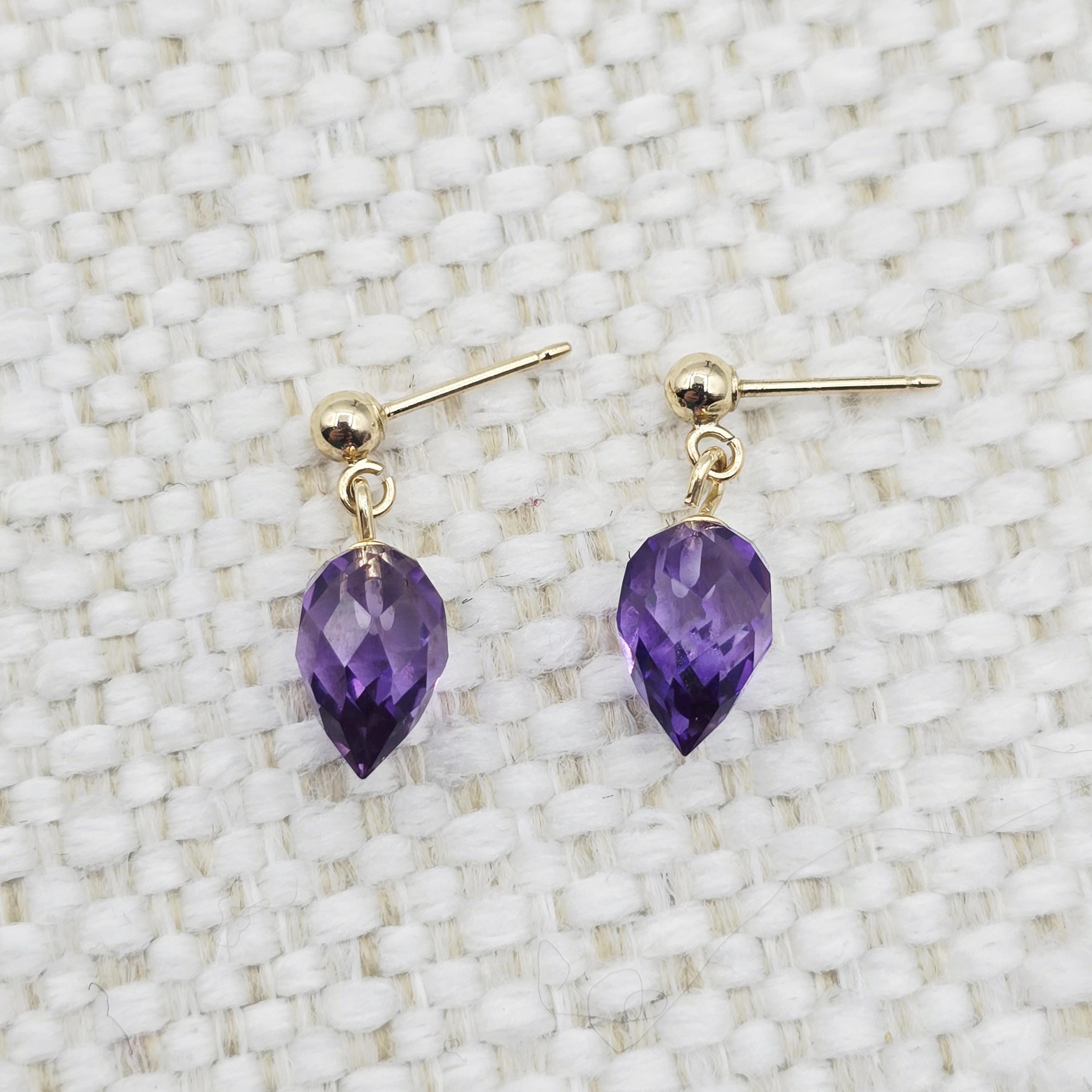 14K Yellow Gold Genuine Amethyst Drop Stud Earrings, Briolette Cut Amethyst Jewellery