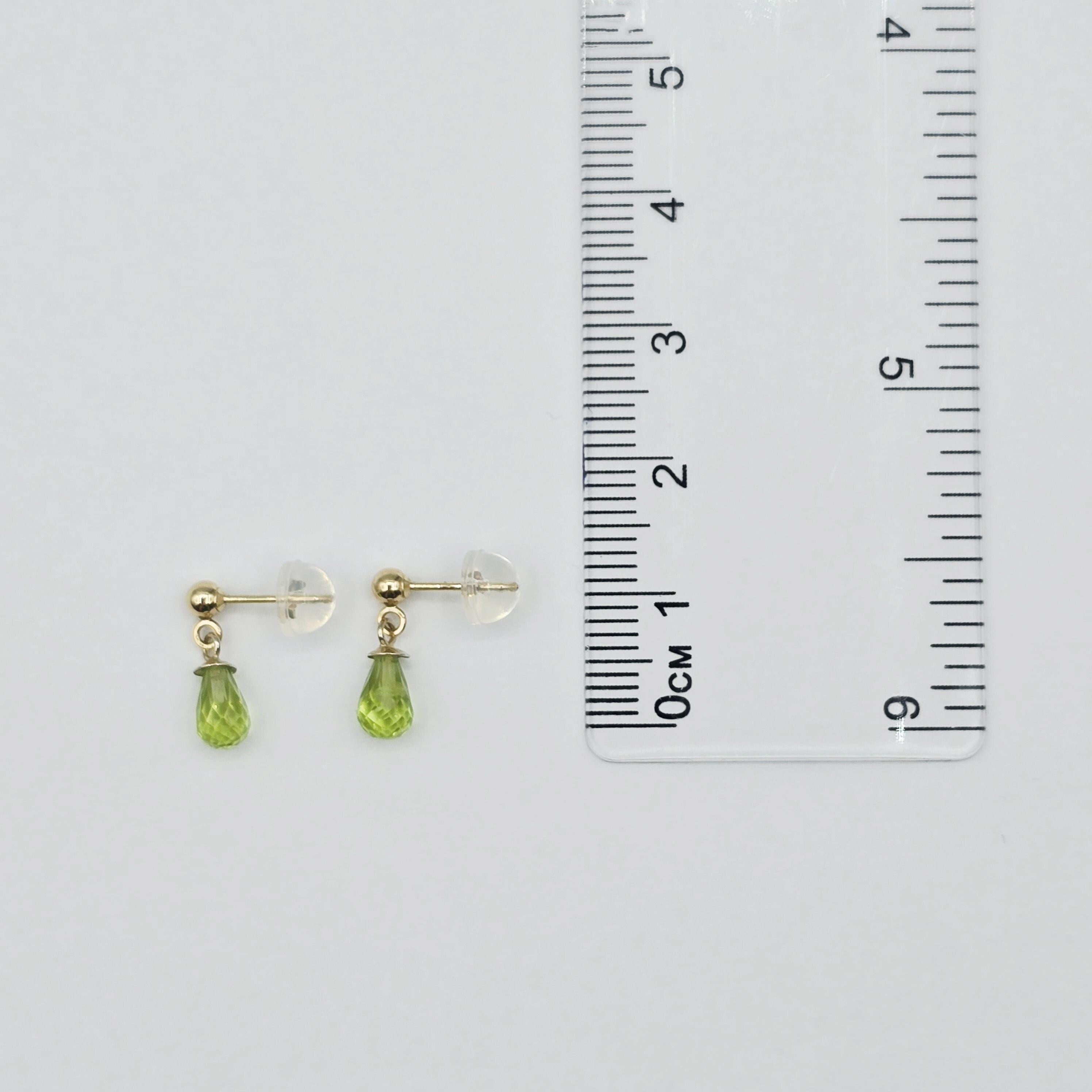 14K Yellow Gold Peridot Drop Earrings, Briolette Cut, August Birthstone