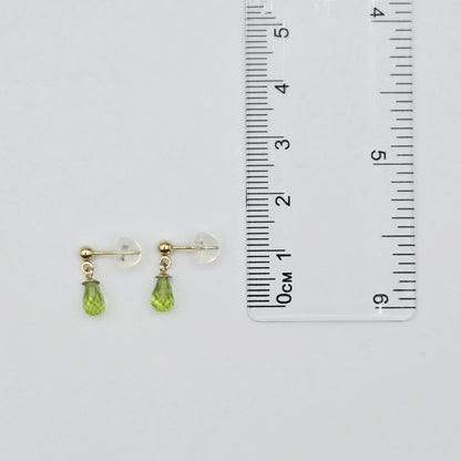 14K Yellow Gold Peridot Drop Earrings, Briolette Cut, August Birthstone
